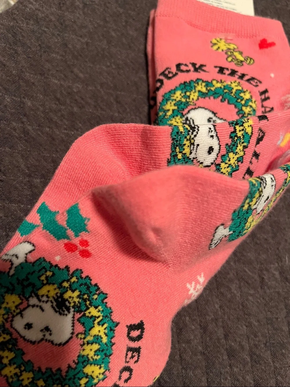 American Eagle Pink Snoopy Holiday 'Deck The Halls' Crew Socks